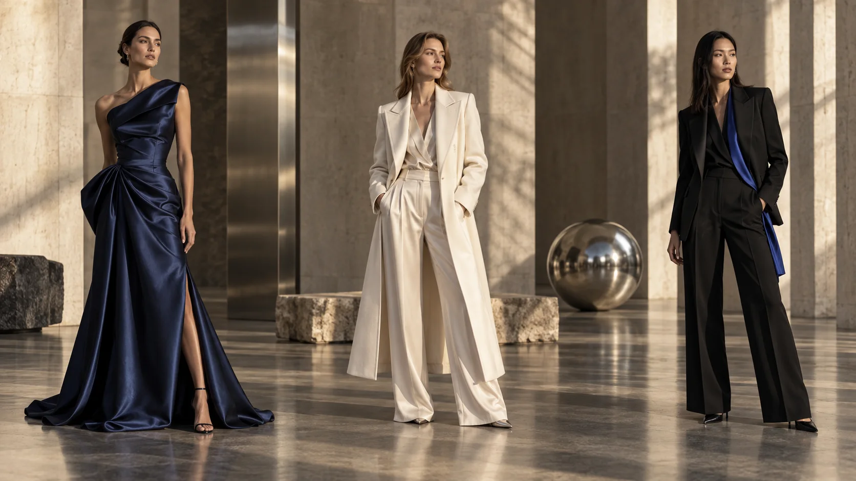 Три образа fashion коллекции: синее платье, светлое пальто и чёрный костюм