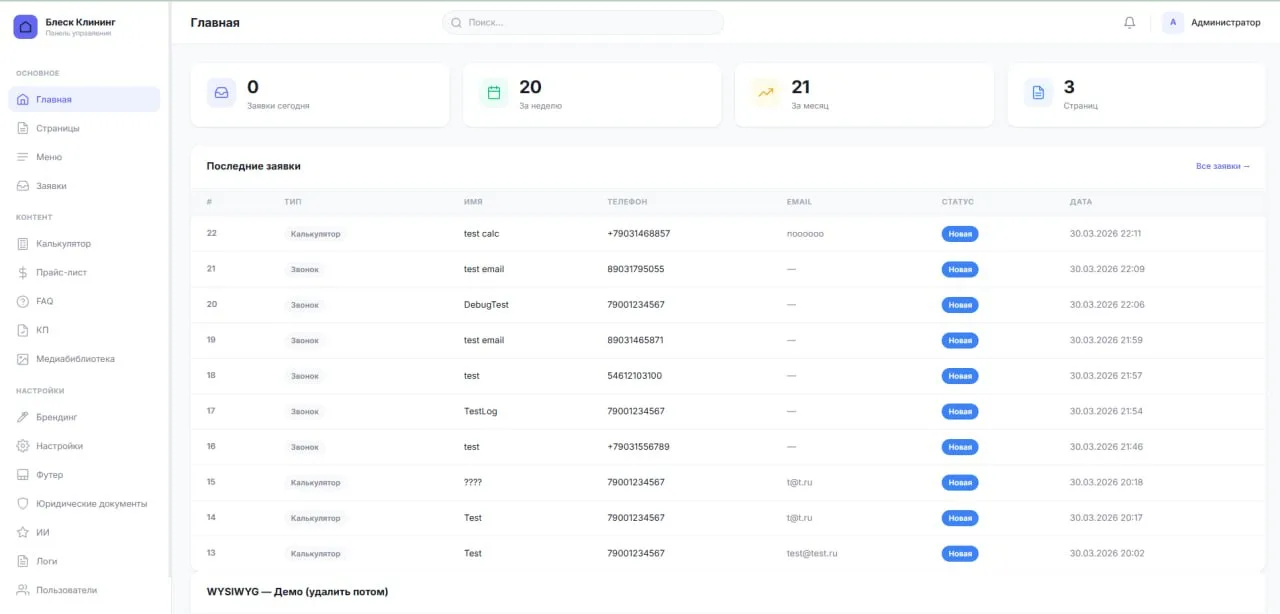 Реальная панель FDL.CMS проекта Чистый Блеск